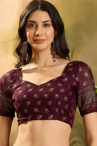 Women's maroon chiffon foil print saree with unstitched blouse piece