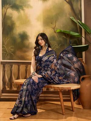 Women's navy blue chiffon foil print saree with unstitched blouse piece 1