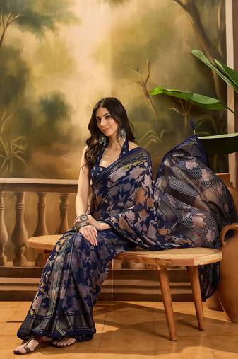 Women's navy blue chiffon foil print saree with unstitched blouse piece