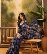 Women's navy blue chiffon foil print saree with unstitched blouse piece