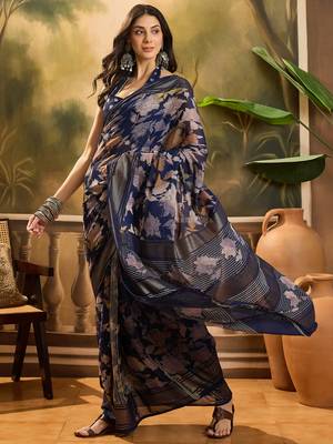Women's navy blue chiffon foil print saree with unstitched blouse piece 2