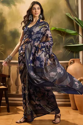 Women's navy blue chiffon foil print saree with unstitched blouse piece