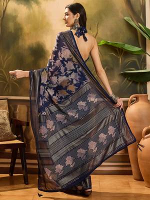 Women's navy blue chiffon foil print saree with unstitched blouse piece 3