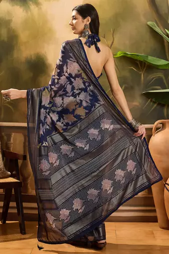 Women's navy blue chiffon foil print saree with unstitched blouse piece