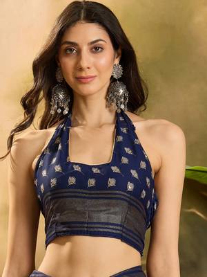 Women's navy blue chiffon foil print saree with unstitched blouse piece 4