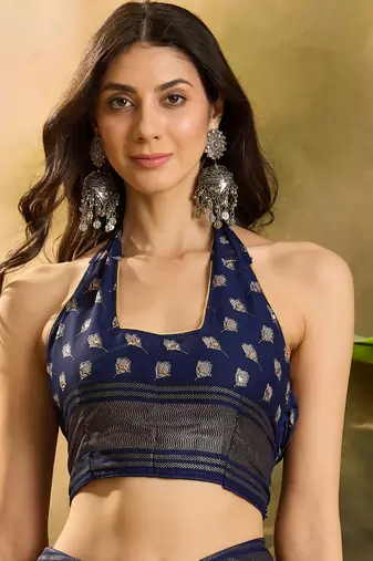 Women's navy blue chiffon foil print saree with unstitched blouse piece