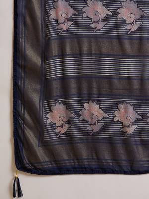Women's navy blue chiffon foil print saree with unstitched blouse piece 5