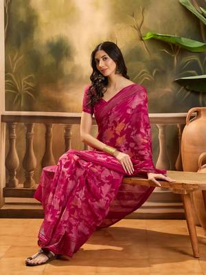 Women's rani chiffon foil print saree with unstitched blouse piece 1