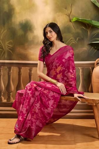 Women's rani chiffon foil print saree with unstitched blouse piece