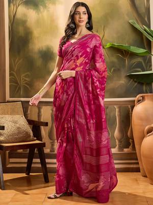 Women's rani chiffon foil print saree with unstitched blouse piece 2
