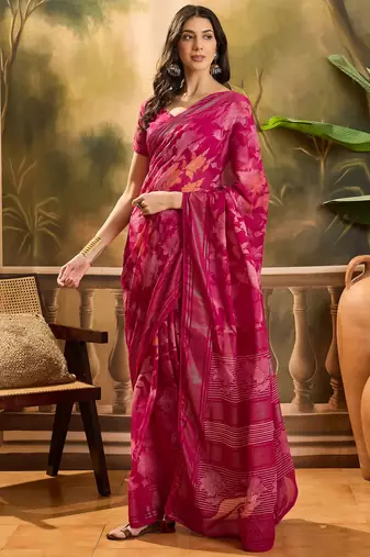 Women's rani chiffon foil print saree with unstitched blouse piece