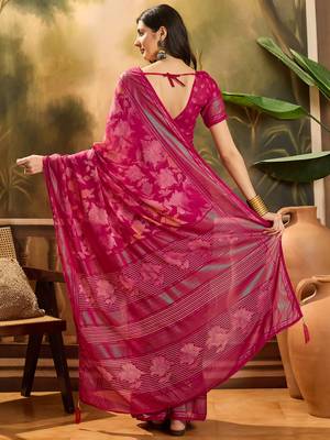Women's rani chiffon foil print saree with unstitched blouse piece 3