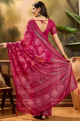 Women's rani chiffon foil print saree with unstitched blouse piece