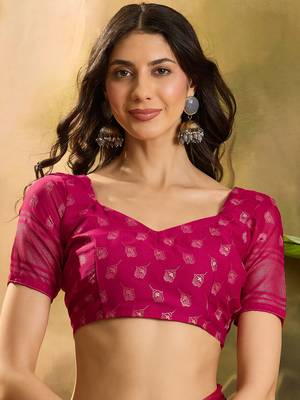 Women's rani chiffon foil print saree with unstitched blouse piece 4