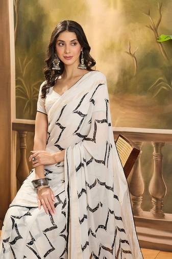 Women's cream chiffon foil print saree with unstitched blouse piece