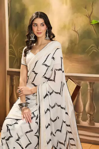 Women's cream chiffon foil print saree with unstitched blouse piece