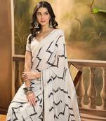 Women's cream chiffon foil print saree with unstitched blouse piece