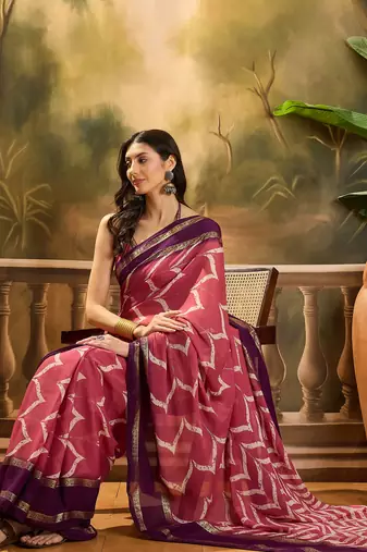 Women's pink chiffon foil print saree with unstitched blouse piece