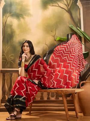 Women's red chiffon foil print saree with unstitched blouse piece 1