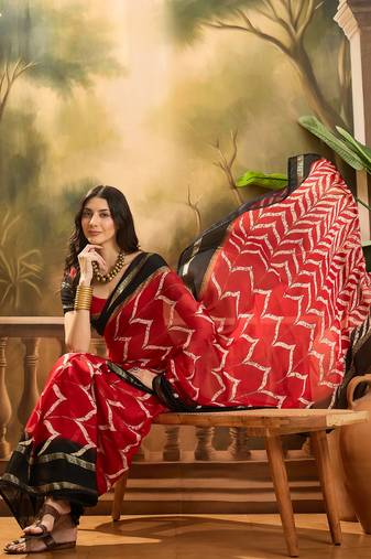 Women's red chiffon foil print saree with unstitched blouse piece