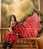 Women's red chiffon foil print saree with unstitched blouse piece