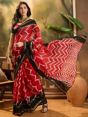 Women's red chiffon foil print saree with unstitched blouse piece 2