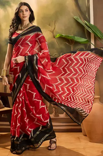 Women's red chiffon foil print saree with unstitched blouse piece