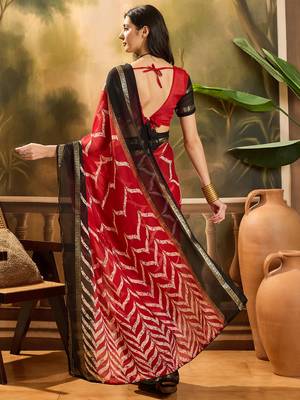 Women's red chiffon foil print saree with unstitched blouse piece 3