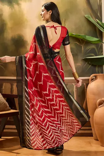 Women's red chiffon foil print saree with unstitched blouse piece