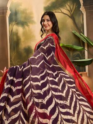 Women's wine chiffon foil print saree with unstitched blouse piece 1