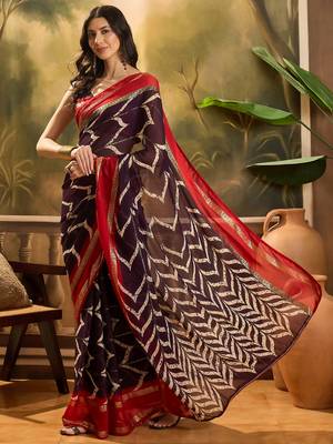 Women's wine chiffon foil print saree with unstitched blouse piece 2