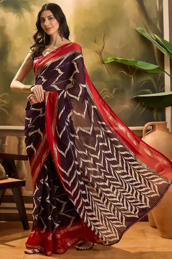 Women's wine chiffon foil print saree with unstitched blouse piece