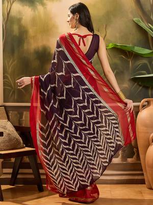 Women's wine chiffon foil print saree with unstitched blouse piece 3