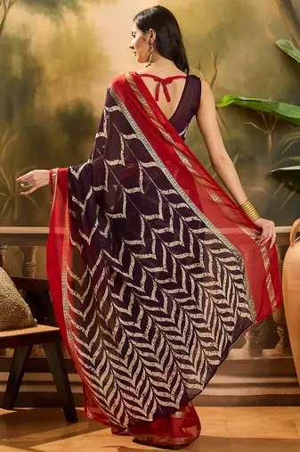 Women's wine chiffon foil print saree with unstitched blouse piece