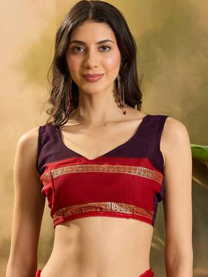 Women's wine chiffon foil print saree with unstitched blouse piece 4