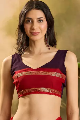 Women's wine chiffon foil print saree with unstitched blouse piece