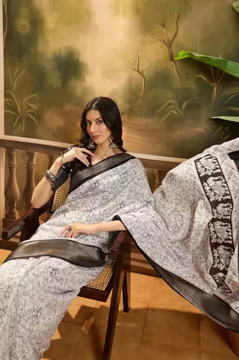 Women's white silk cotton printed saree with unstitched blouse piece