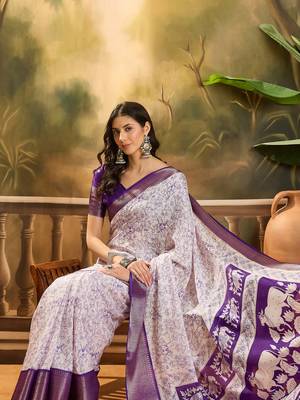 Women's white silk blend cotton printed saree with unstitched blouse piece 1