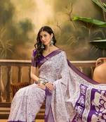 Women's white silk cotton printed saree with unstitched blouse piece