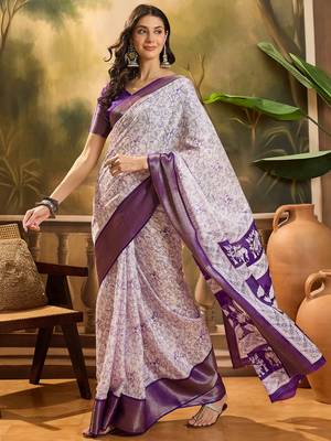 Women's white silk blend cotton printed saree with unstitched blouse piece 2