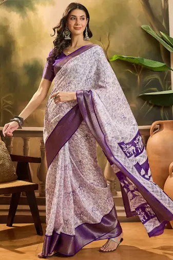 Women's white silk blend cotton printed saree with unstitched blouse piece