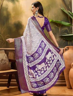 Women's white silk blend cotton printed saree with unstitched blouse piece 3