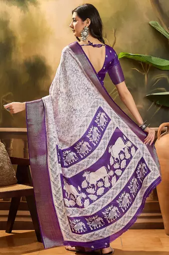 Women's white silk blend cotton printed saree with unstitched blouse piece
