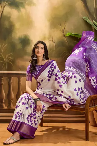 Women's purple silk cotton printed saree with unstitched blouse piece