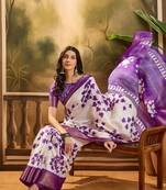 Women's purple silk cotton printed saree with unstitched blouse piece