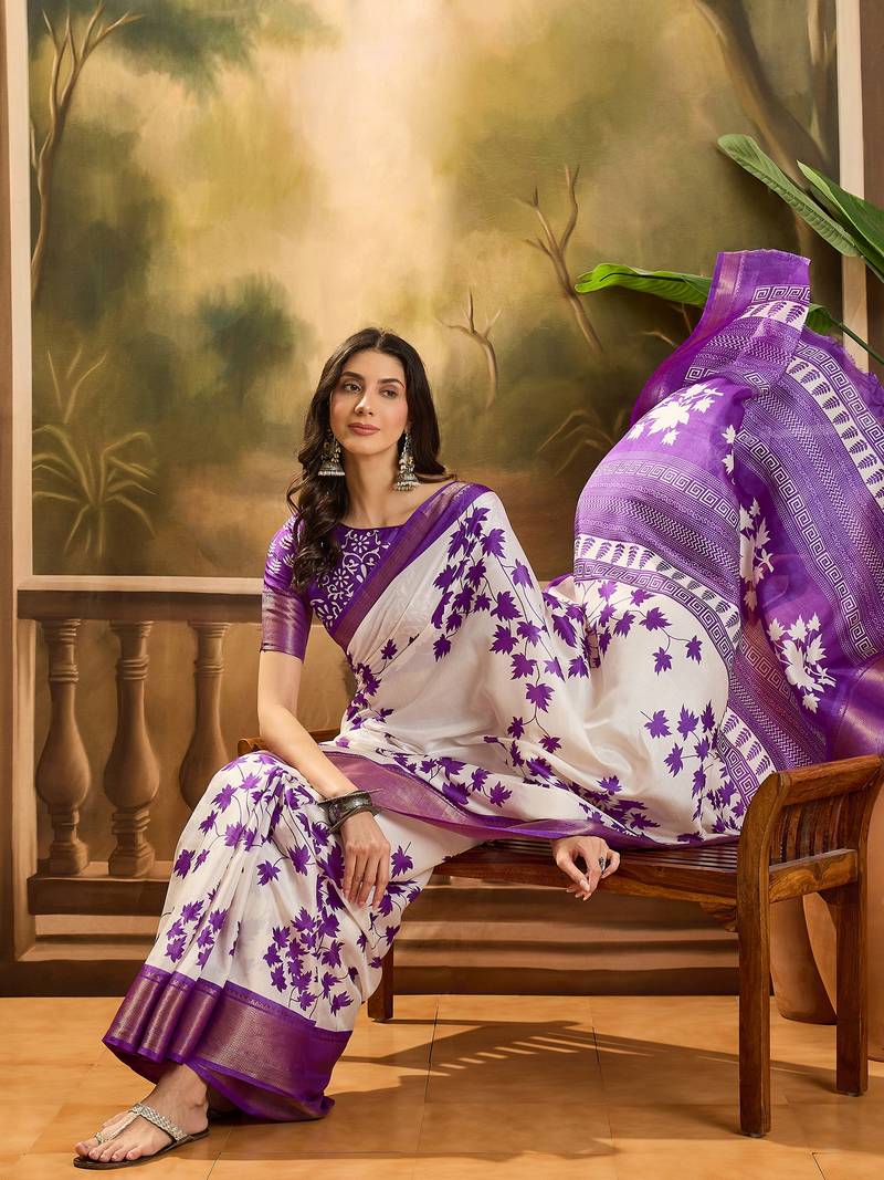 Women's purple silk cotton printed saree with unstitched blouse piece