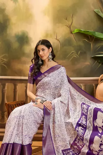 Women's purple silk cotton printed saree with unstitched blouse piece