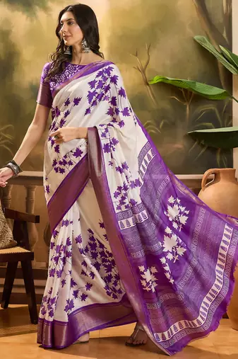 Women's purple silk blend cotton printed saree with unstitched blouse piece