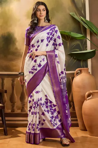 Women's purple silk blend cotton printed saree with unstitched blouse piece