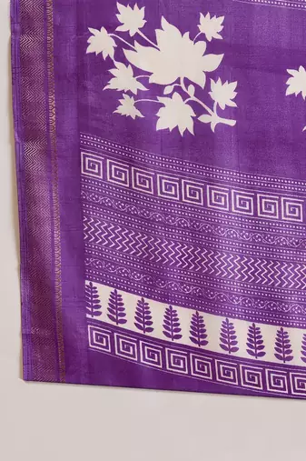 Women's purple silk blend cotton printed saree with unstitched blouse piece